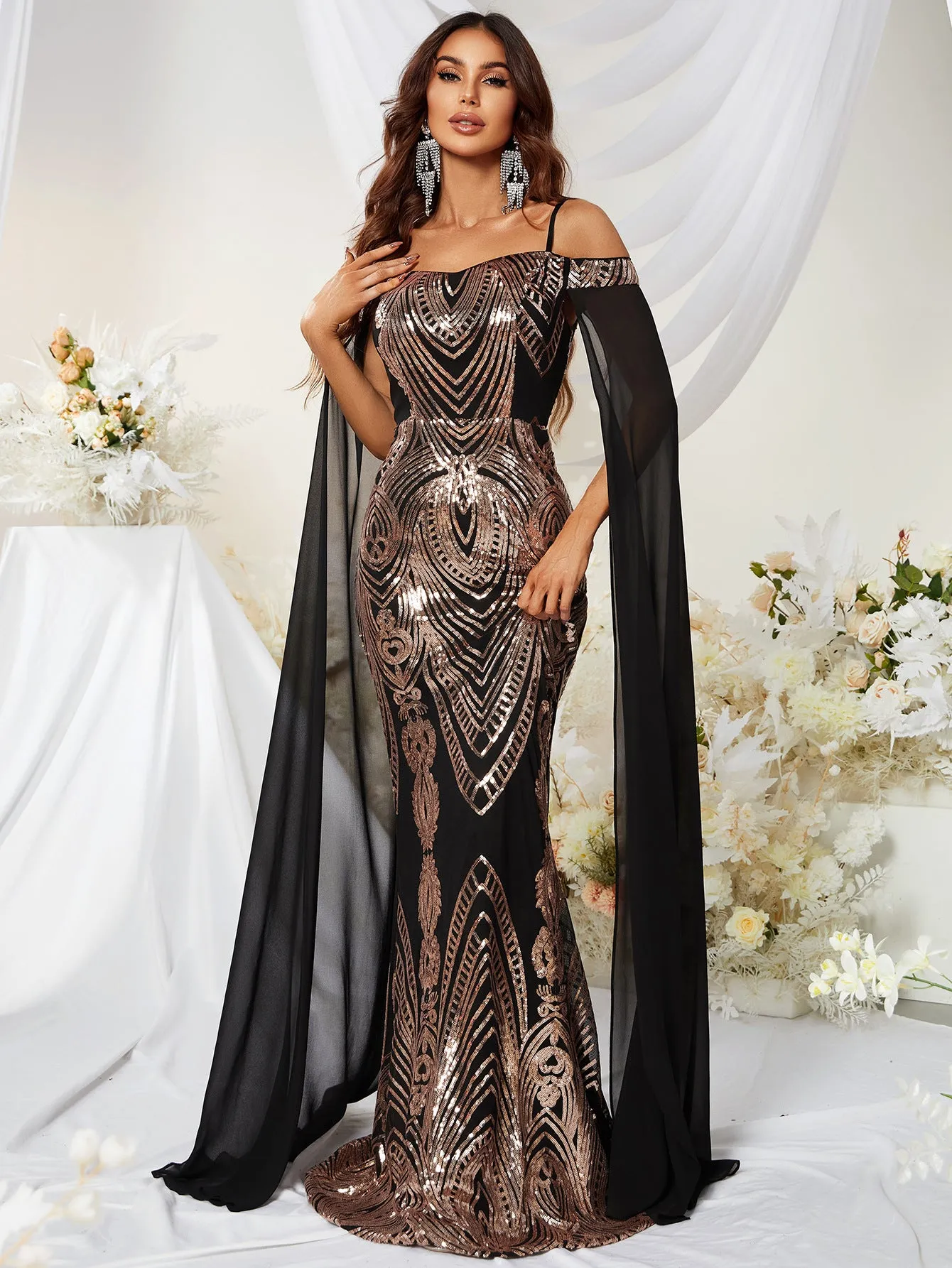 Maxine Sequined Embellished Off Shoulder Gown