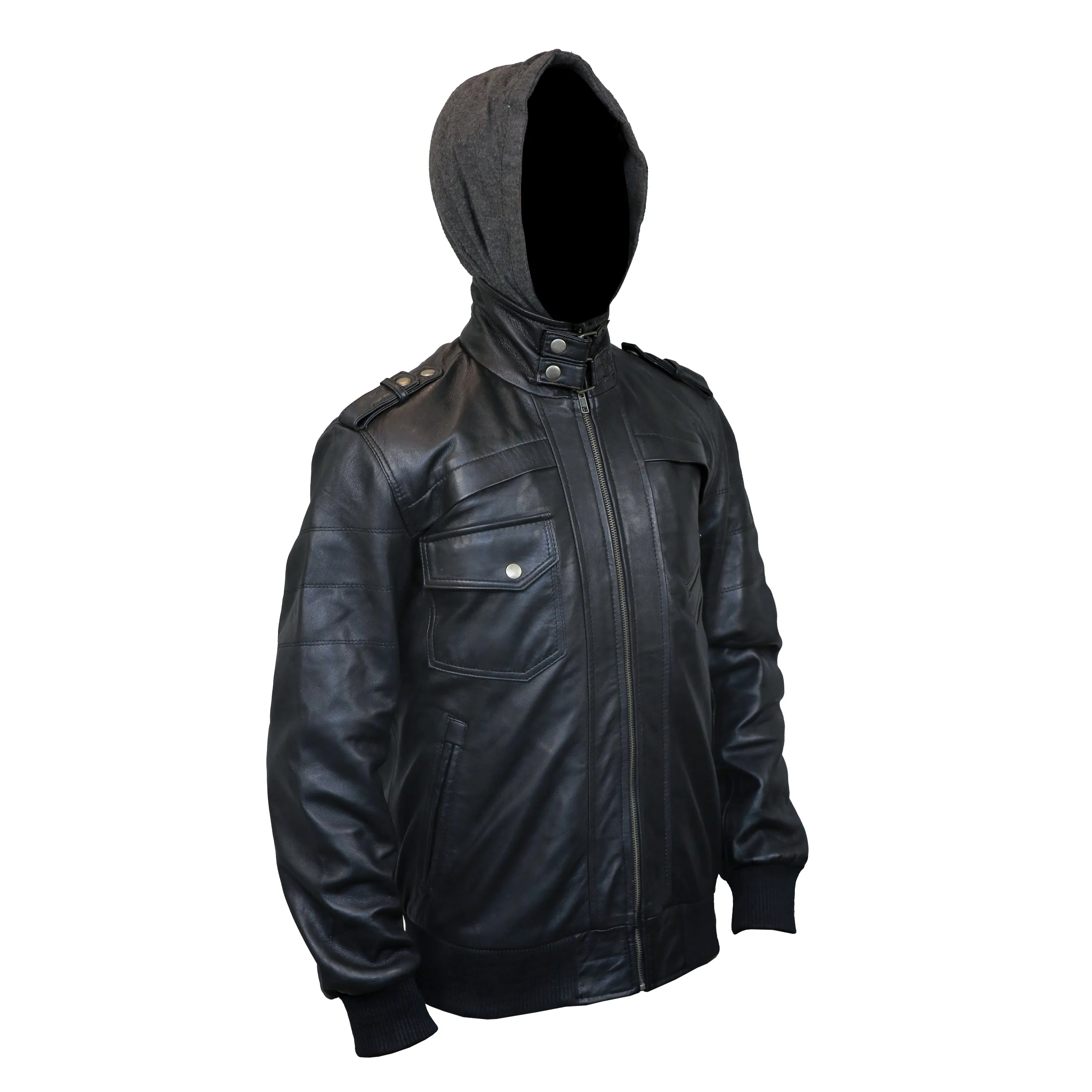 Men's Black Hooded Bomber Leather Jacket