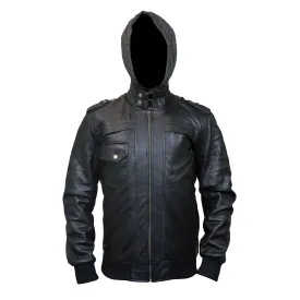 Men's Black Hooded Bomber Leather Jacket