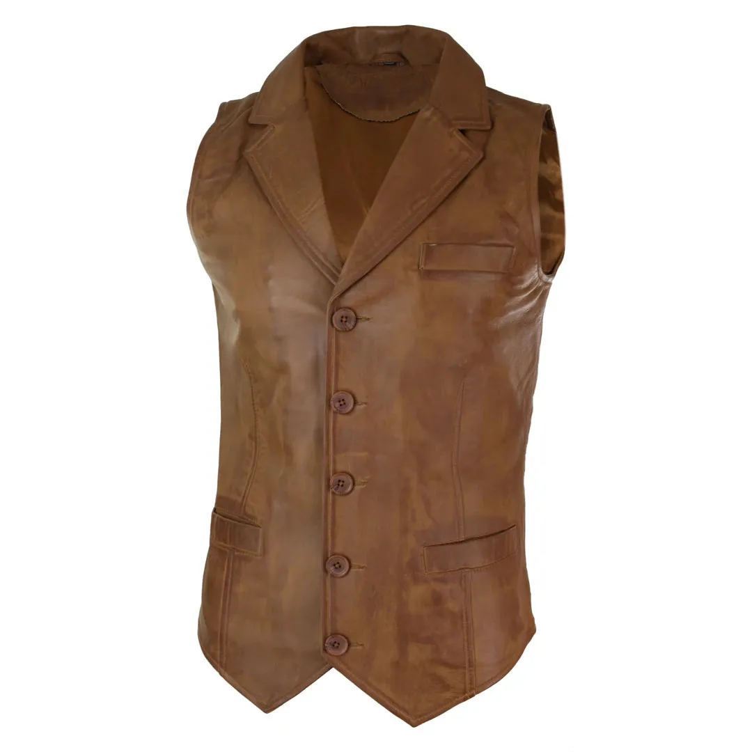 Men's Leather Tan Brown Black Burgundy Gilet Waistcoat