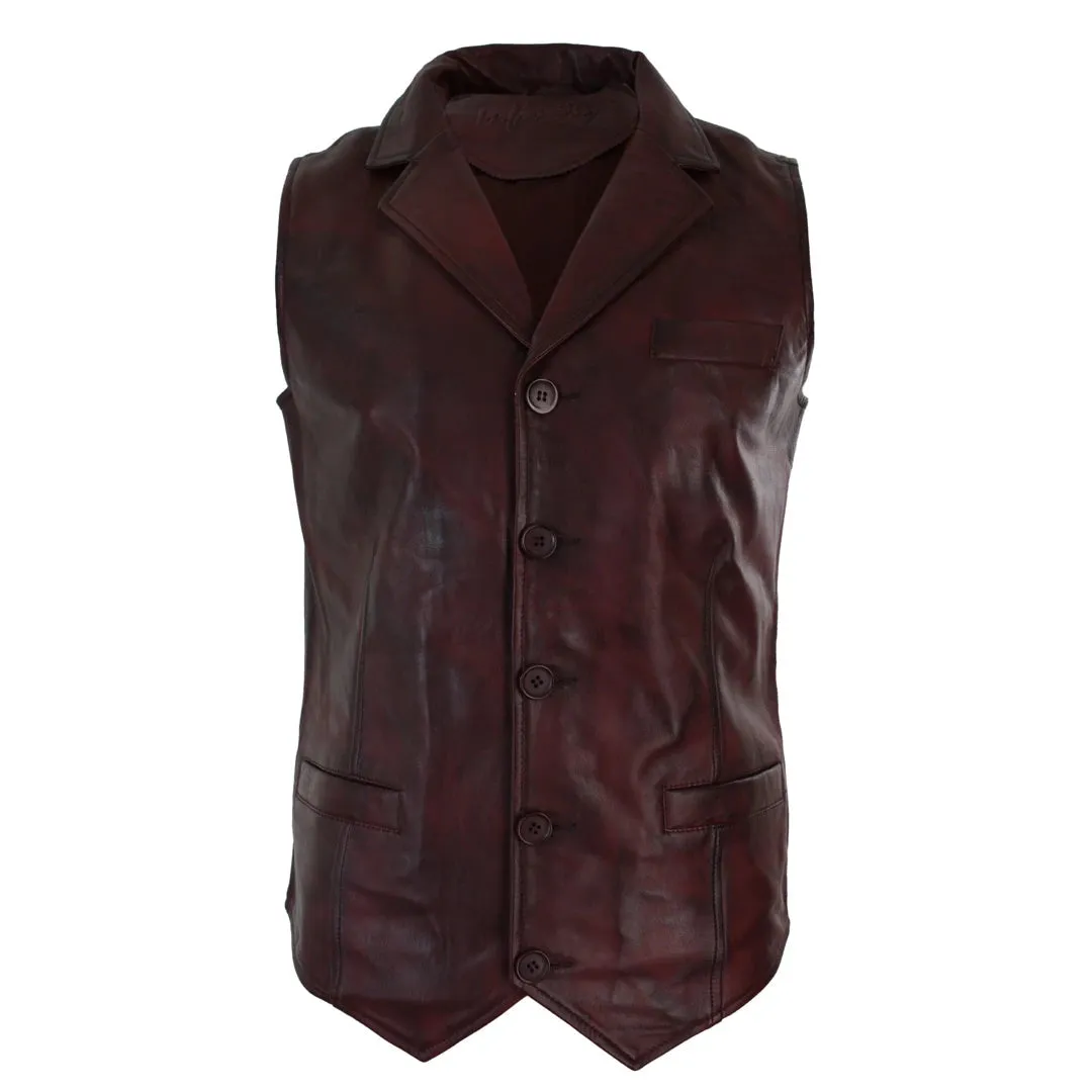 Men's Leather Tan Brown Black Burgundy Gilet Waistcoat