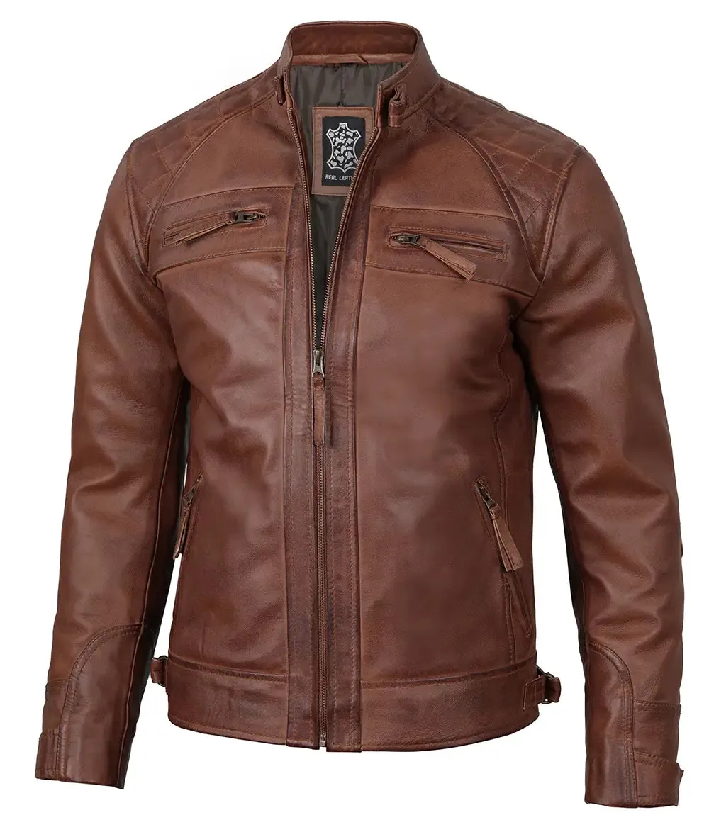 Mens Tall Cognac Cafe Racer Leather Jacket