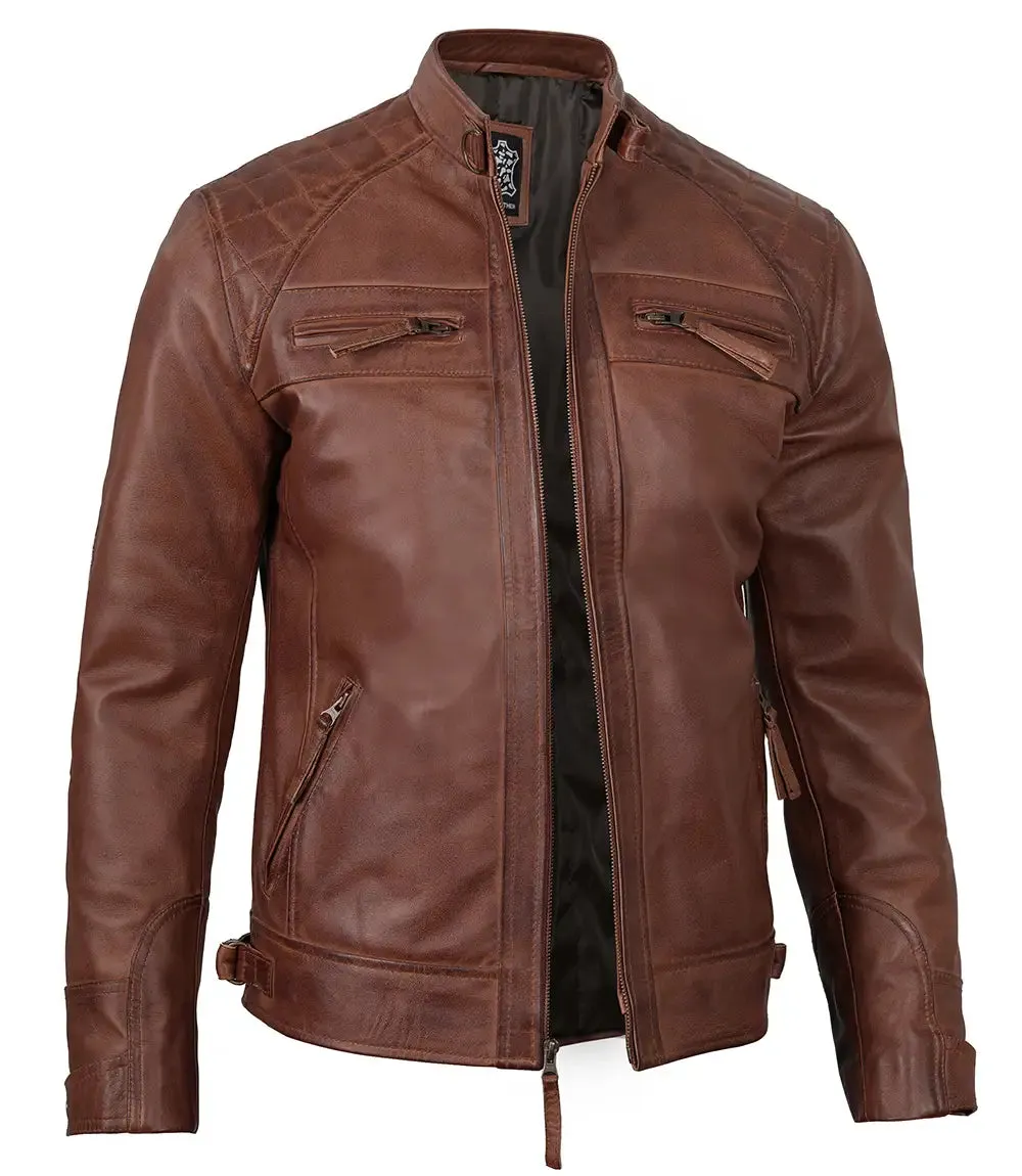 Mens Tall Cognac Cafe Racer Leather Jacket