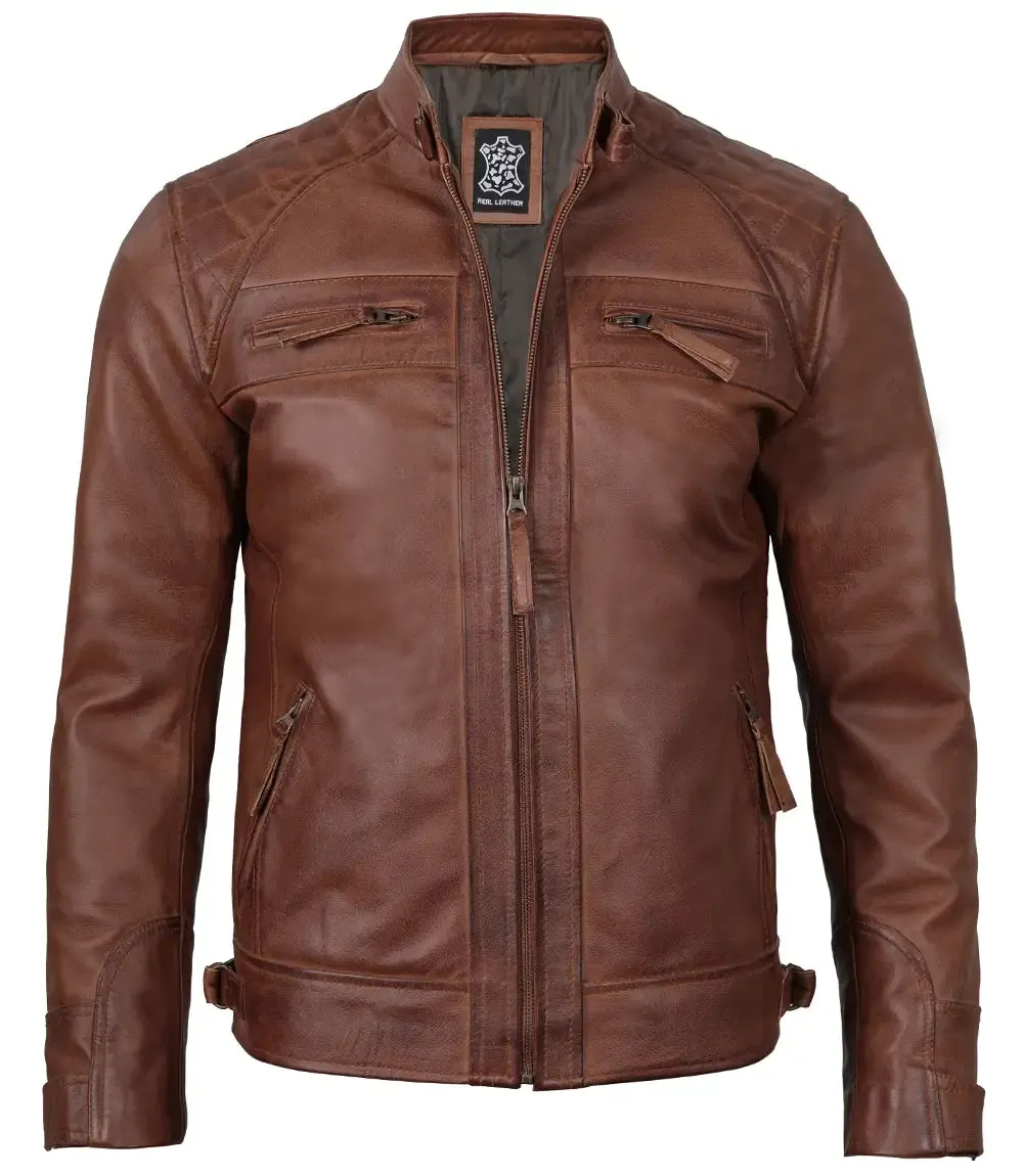 Mens Tall Cognac Cafe Racer Leather Jacket