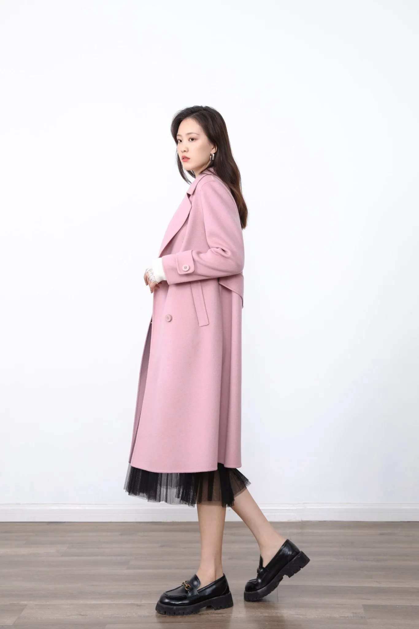 Mist Pink Wool Long Overcoats