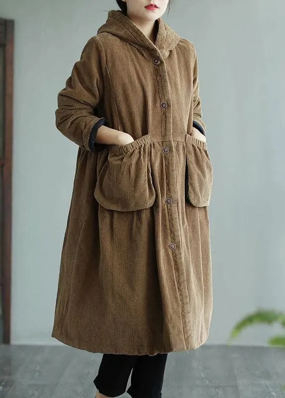 Modern Hooded Pockets Fashion Maxi Coat Khaki Daily Outwear