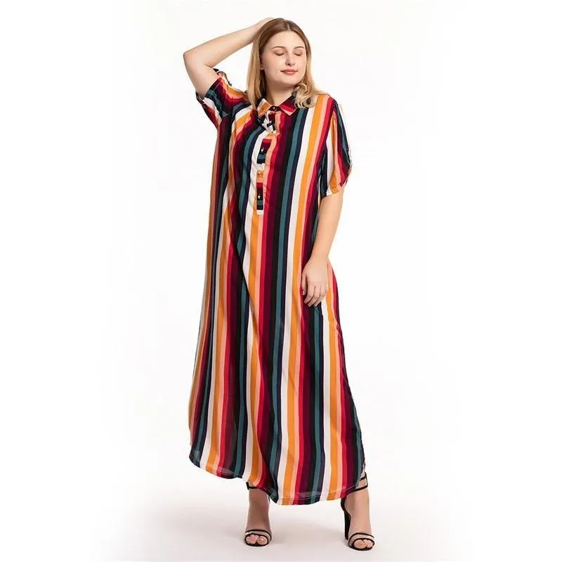 Multicolor Turn Down Collar Half Sleeve Striped Maxi Shirt Dress