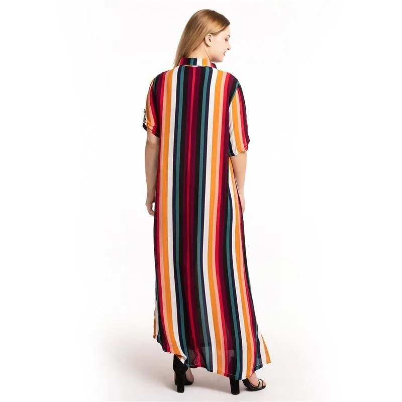 Multicolor Turn Down Collar Half Sleeve Striped Maxi Shirt Dress