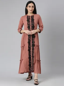 Neerus Brown Flared Casual Solid Maxi Dresses