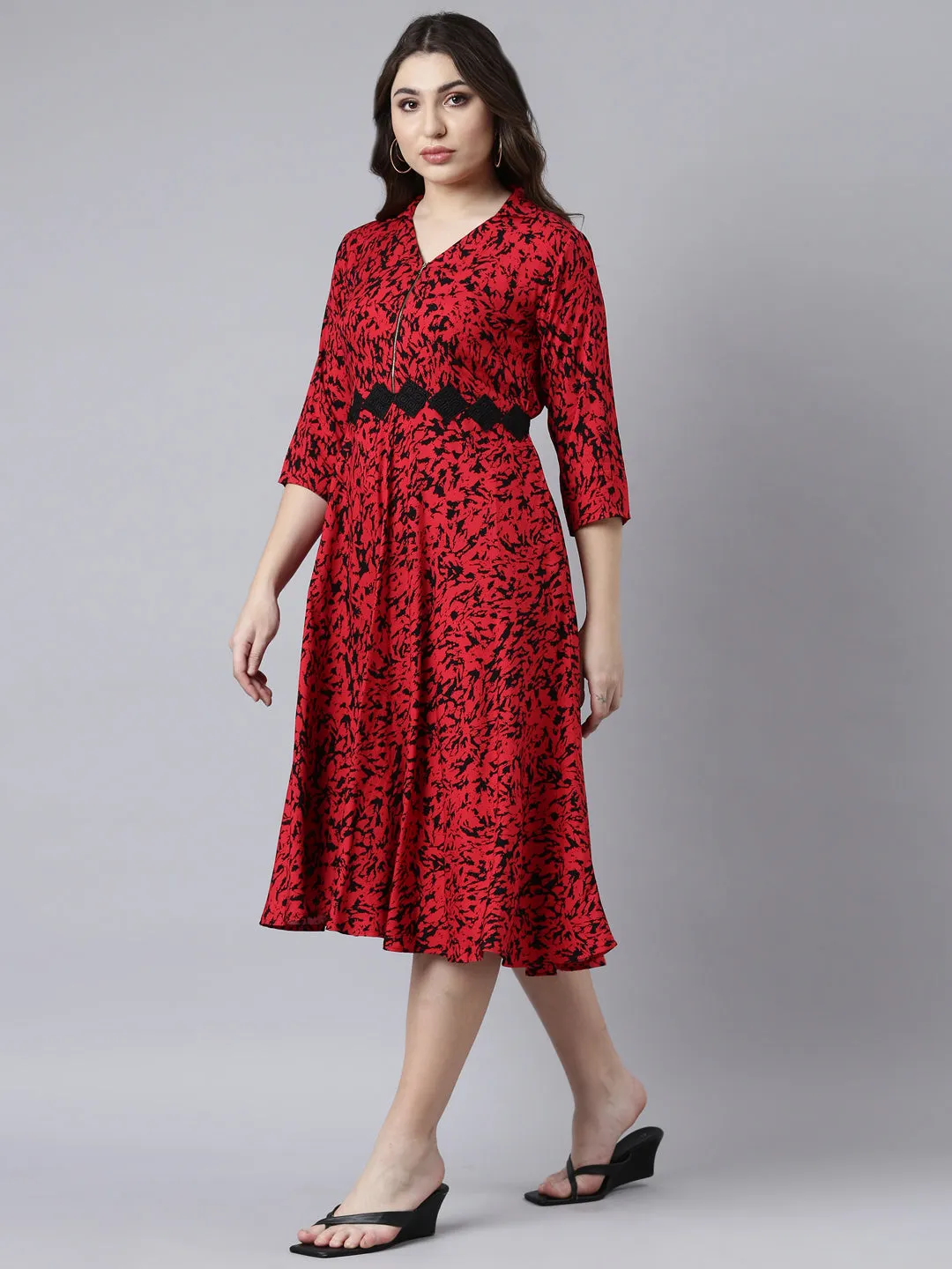 Neerus Red Straight Casual Floral Maxi Dresses