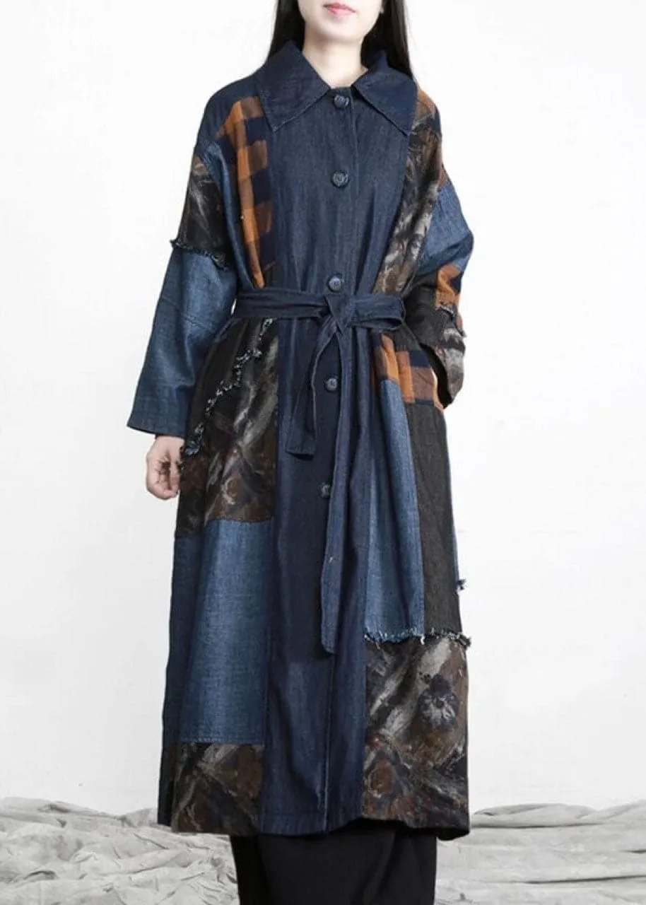 New denim blue Patchwork Button tie waist Fall trench coats