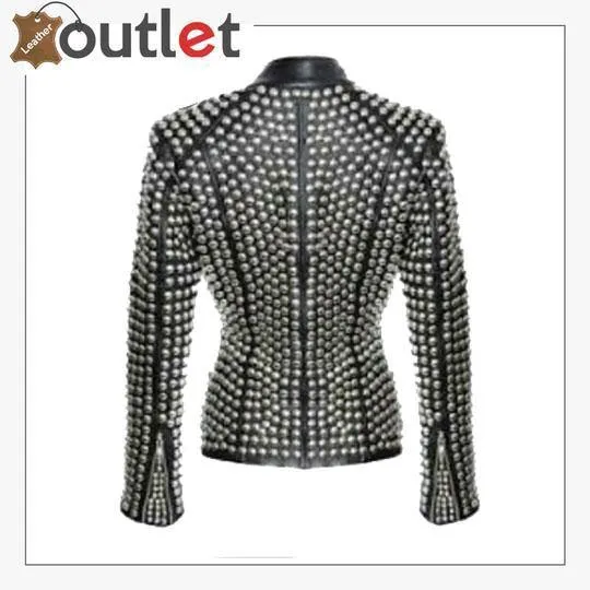 New Handmade Women's Black Fashion Golden Studded Punk Style Leather Jacket