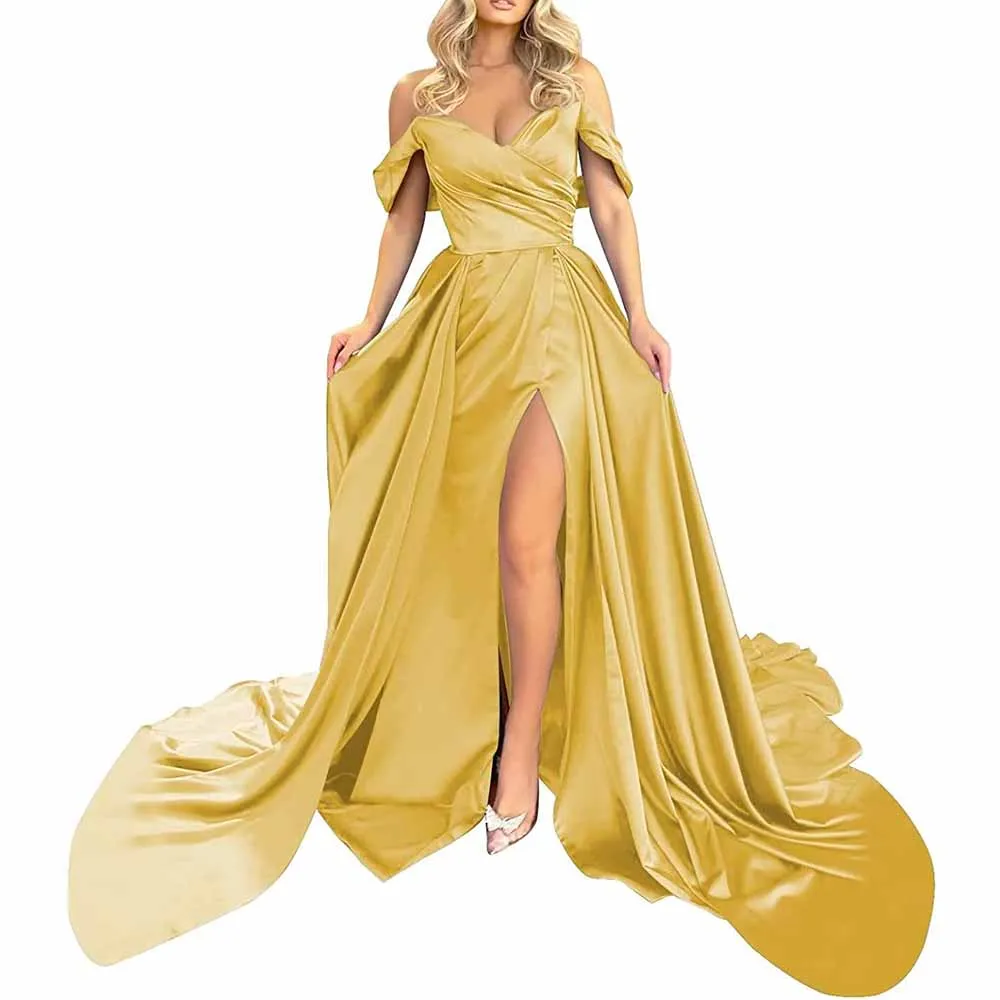 Off Shoulder Satin Prom Dresses Long Ball Gowns Split Evening Party Dress