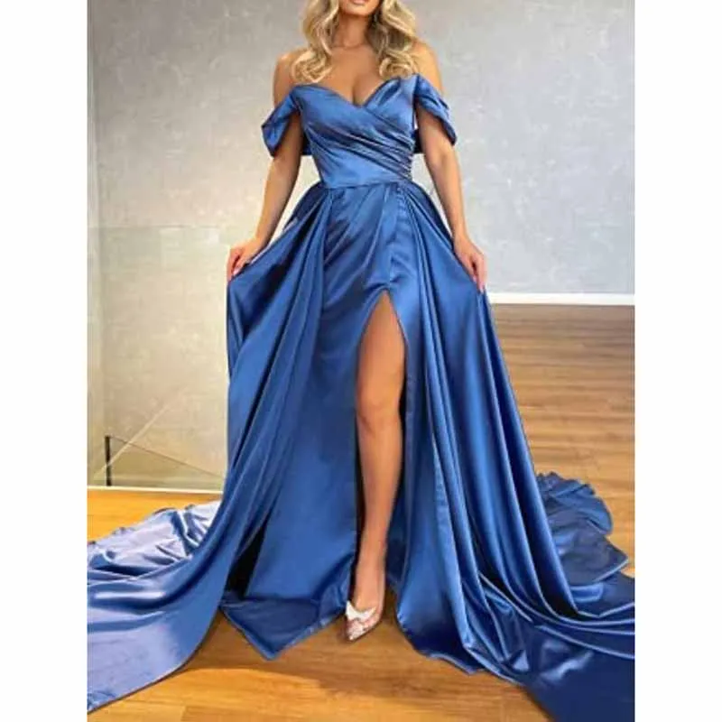 Off Shoulder Satin Prom Dresses Long Ball Gowns Split Evening Party Dress