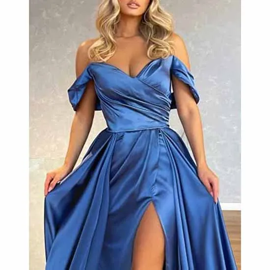 Off Shoulder Satin Prom Dresses Long Ball Gowns Split Evening Party Dress