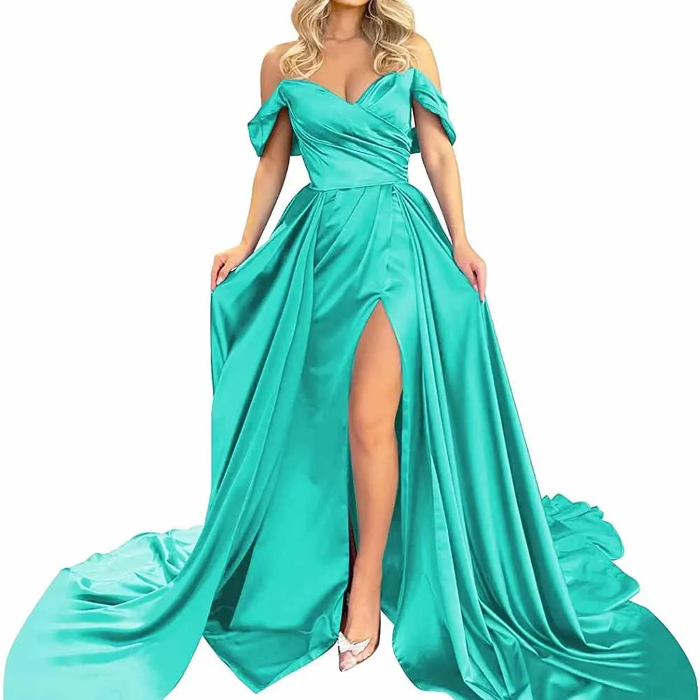 Off Shoulder Satin Prom Dresses Long Ball Gowns Split Evening Party Dress