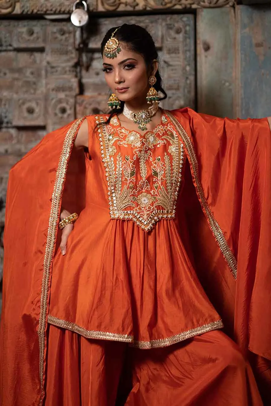 Orange Chanderi Embroidered Cape Set