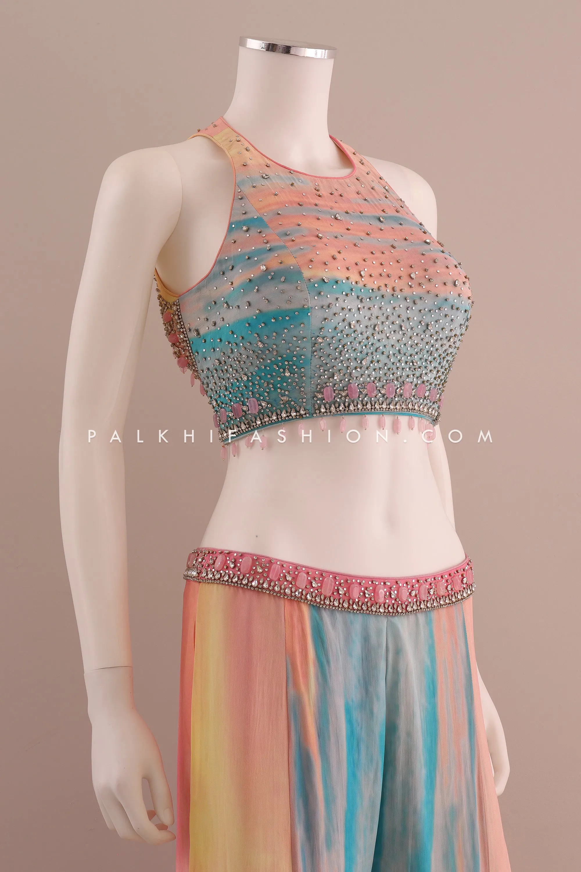 Party Wear Palazzo Outfit - Multicolor Designer Set with Kundan Embellishments