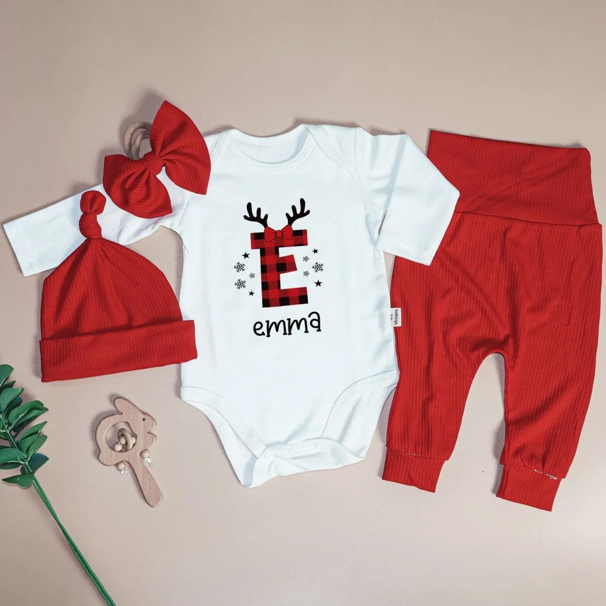 Personalized Christmas Monogram Alphabet Baby Onesie and Red Long Pants | Custom Buffalo Plaid Letter Name Bodysuit