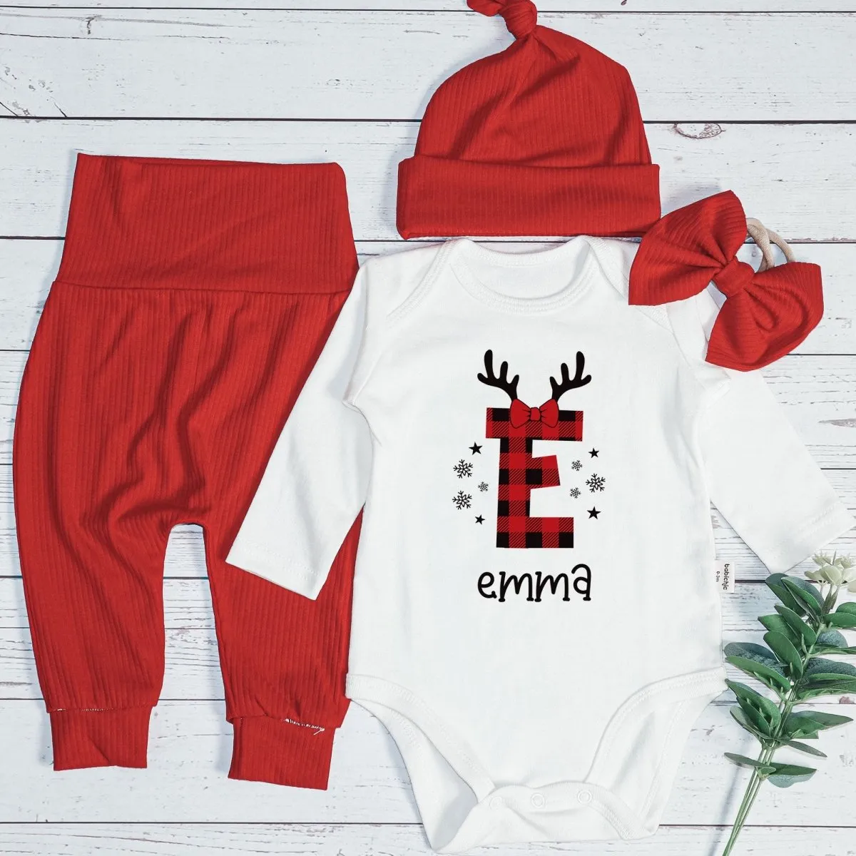 Personalized Christmas Monogram Alphabet Baby Onesie and Red Long Pants | Custom Buffalo Plaid Letter Name Bodysuit