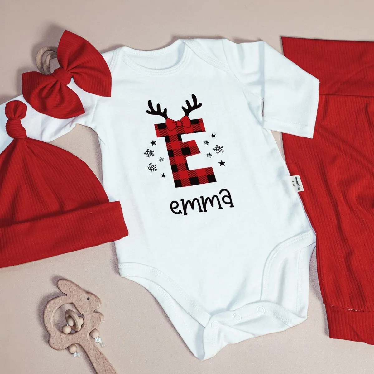 Personalized Christmas Monogram Alphabet Baby Onesie and Red Long Pants | Custom Buffalo Plaid Letter Name Bodysuit