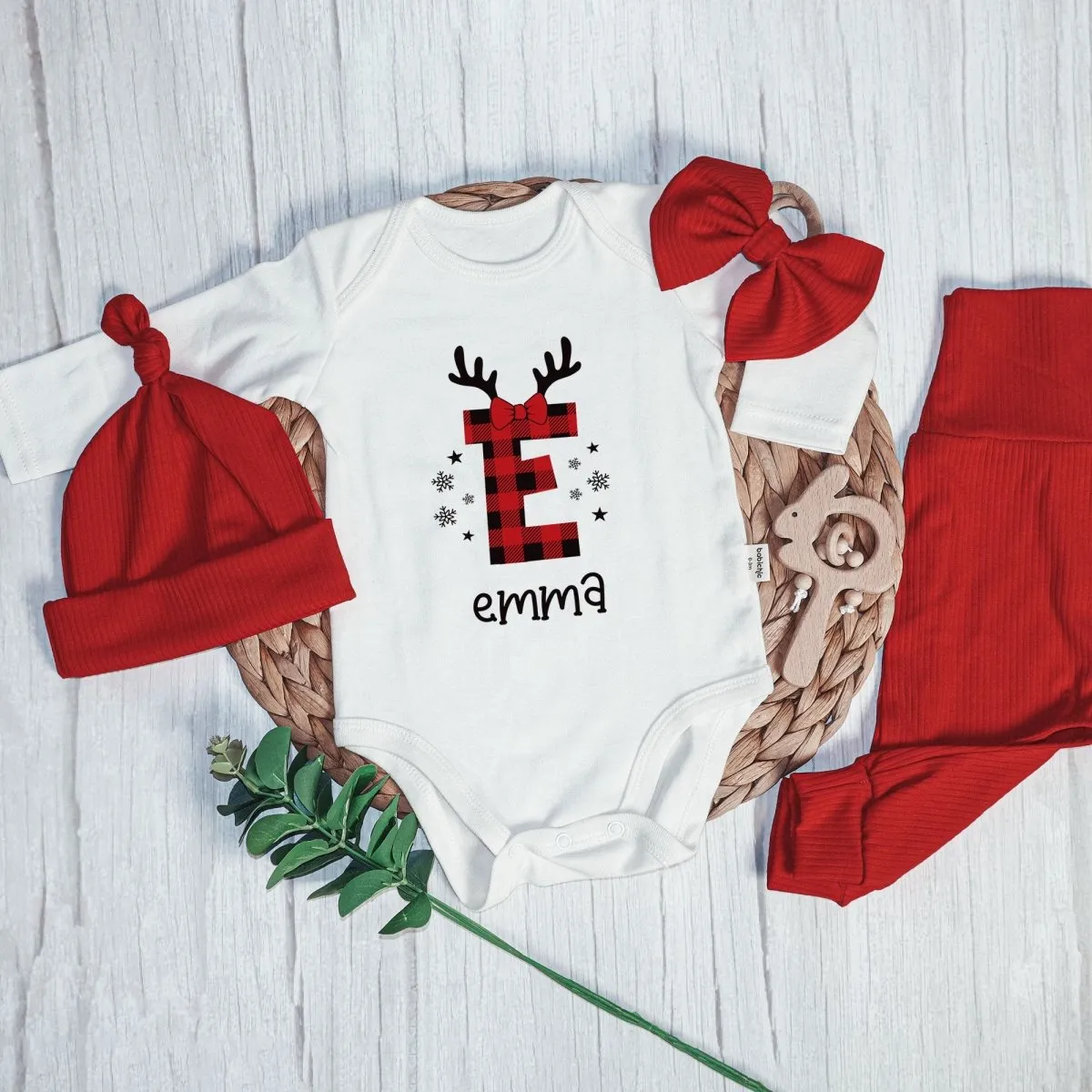 Personalized Christmas Monogram Alphabet Baby Onesie and Red Long Pants | Custom Buffalo Plaid Letter Name Bodysuit