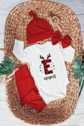 Personalized Christmas Monogram Alphabet Baby Onesie and Red Long Pants | Custom Buffalo Plaid Letter Name Bodysuit