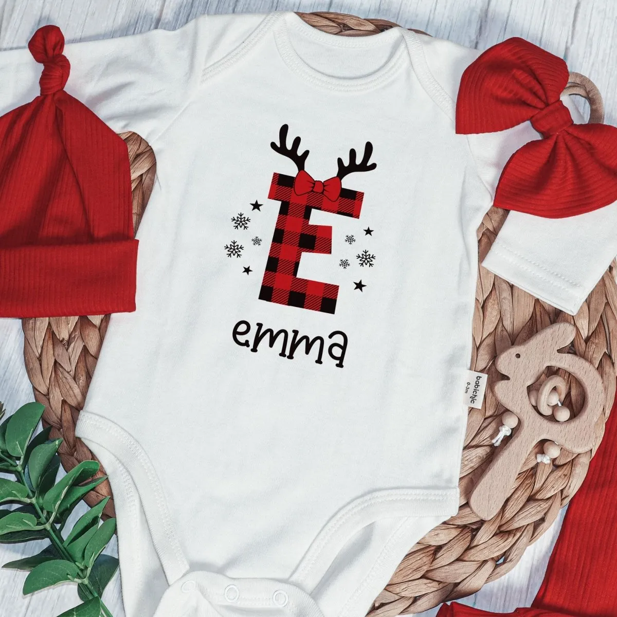 Personalized Christmas Monogram Alphabet Baby Onesie and Red Long Pants | Custom Buffalo Plaid Letter Name Bodysuit