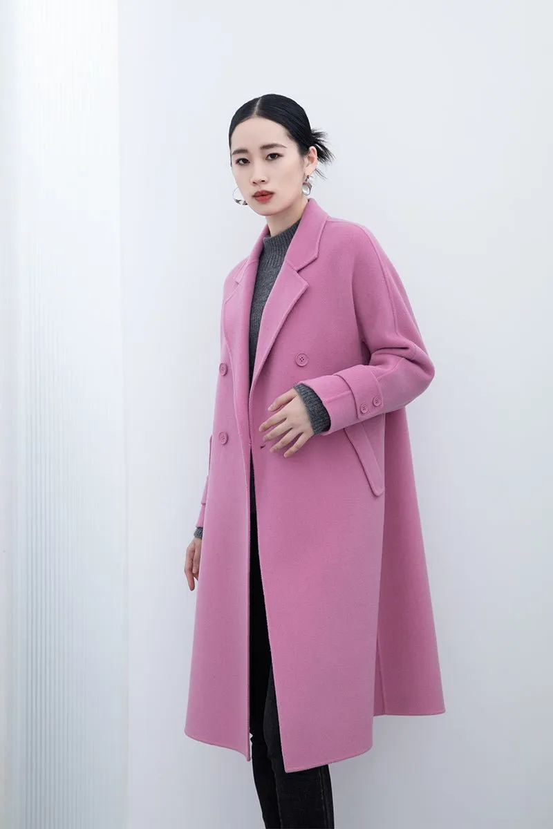 Pink Long Woolen Double Breasted Overcoats