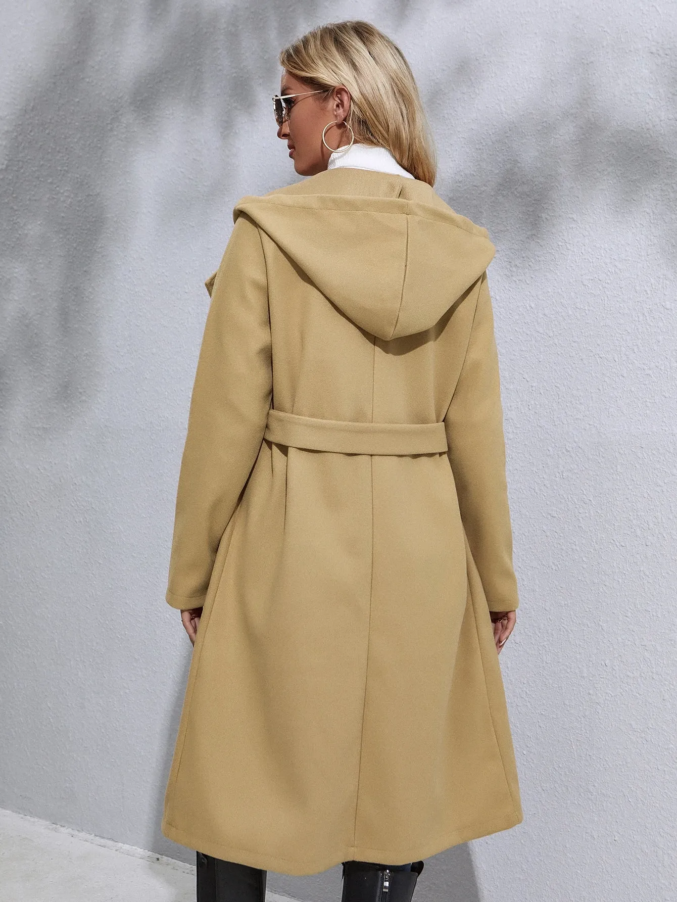 Plain Belted Long Sleeve Hooded Knee Length Women Overcoat