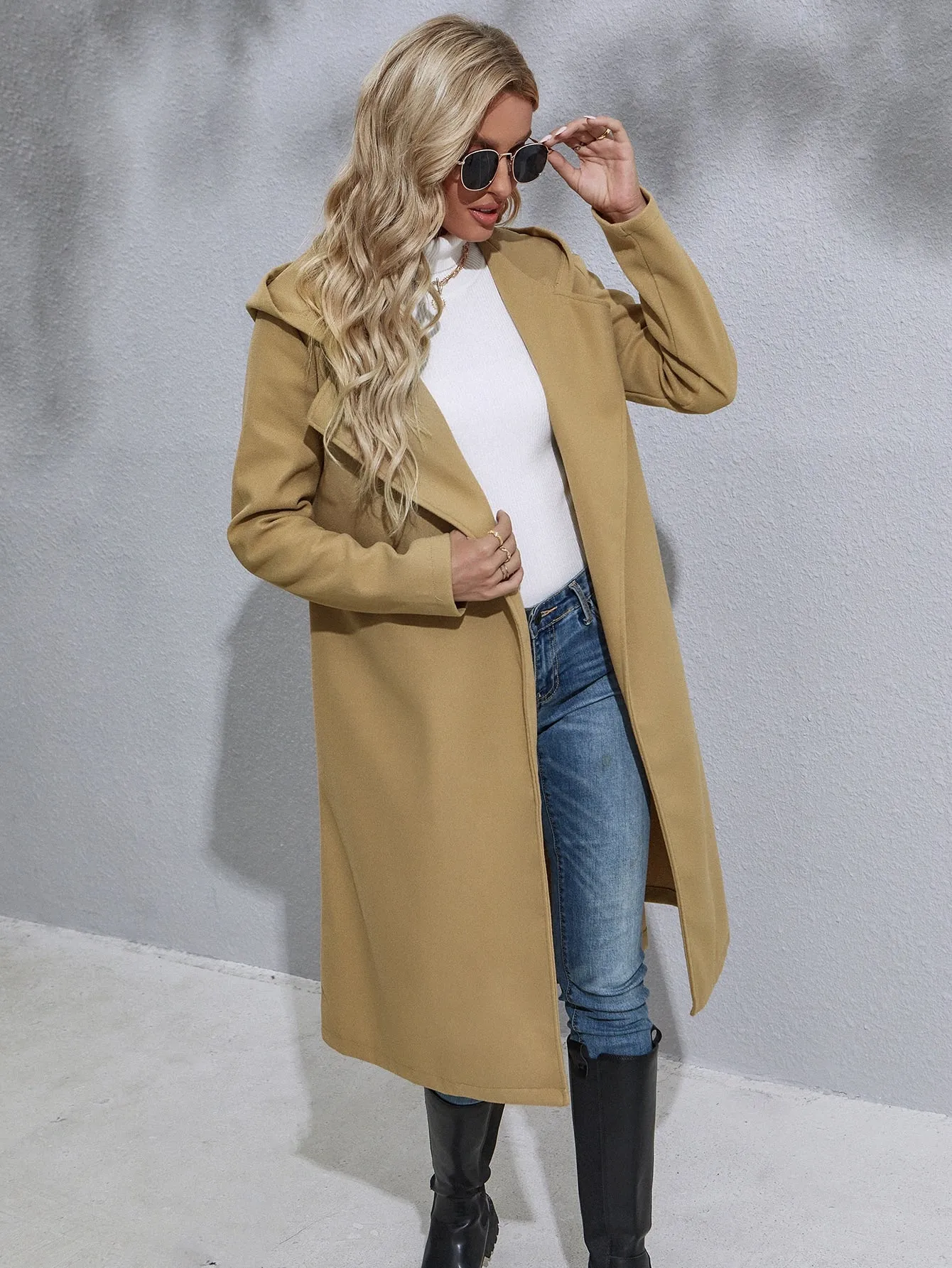 Plain Belted Long Sleeve Hooded Knee Length Women Overcoat