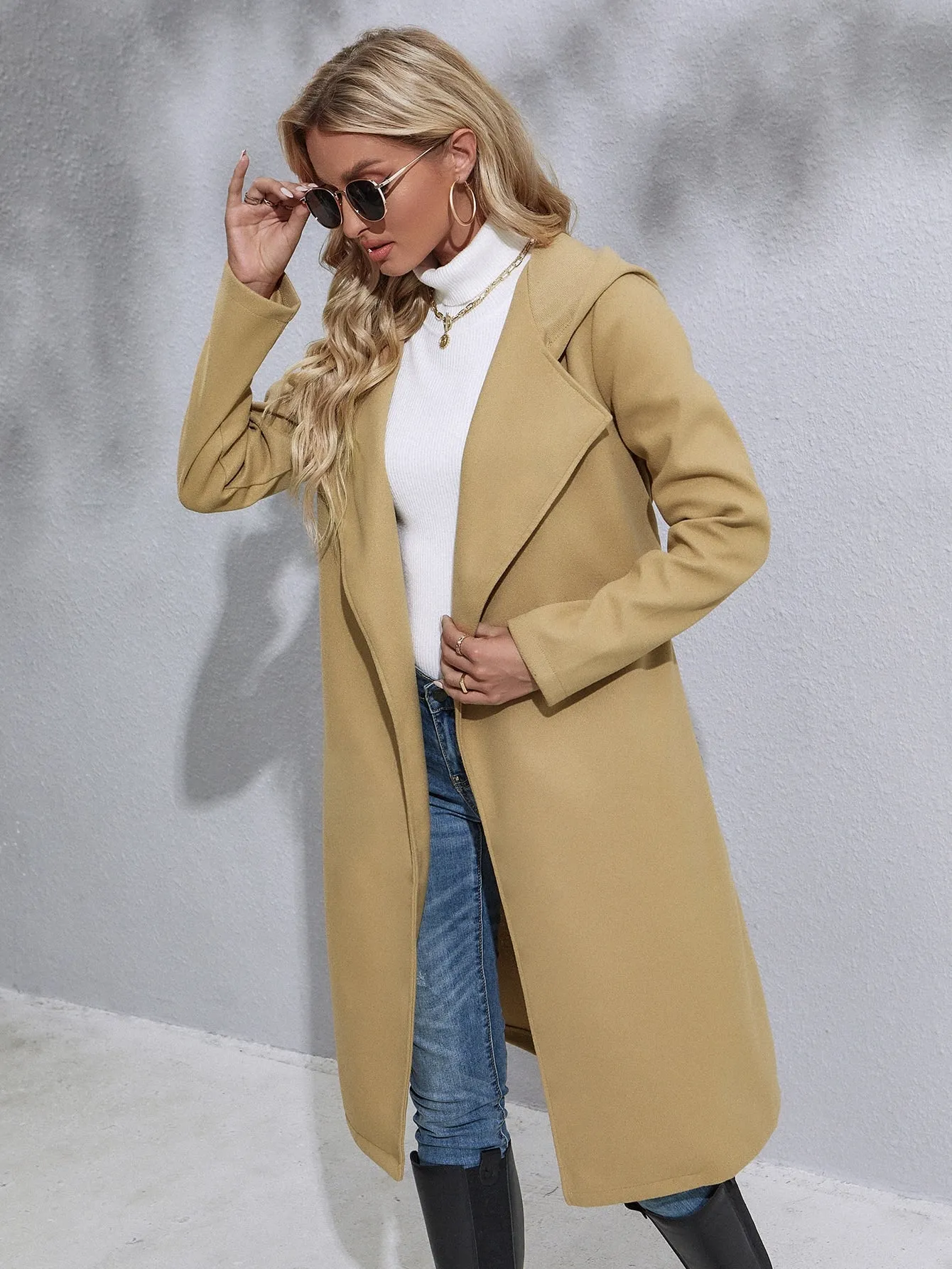 Plain Belted Long Sleeve Hooded Knee Length Women Overcoat