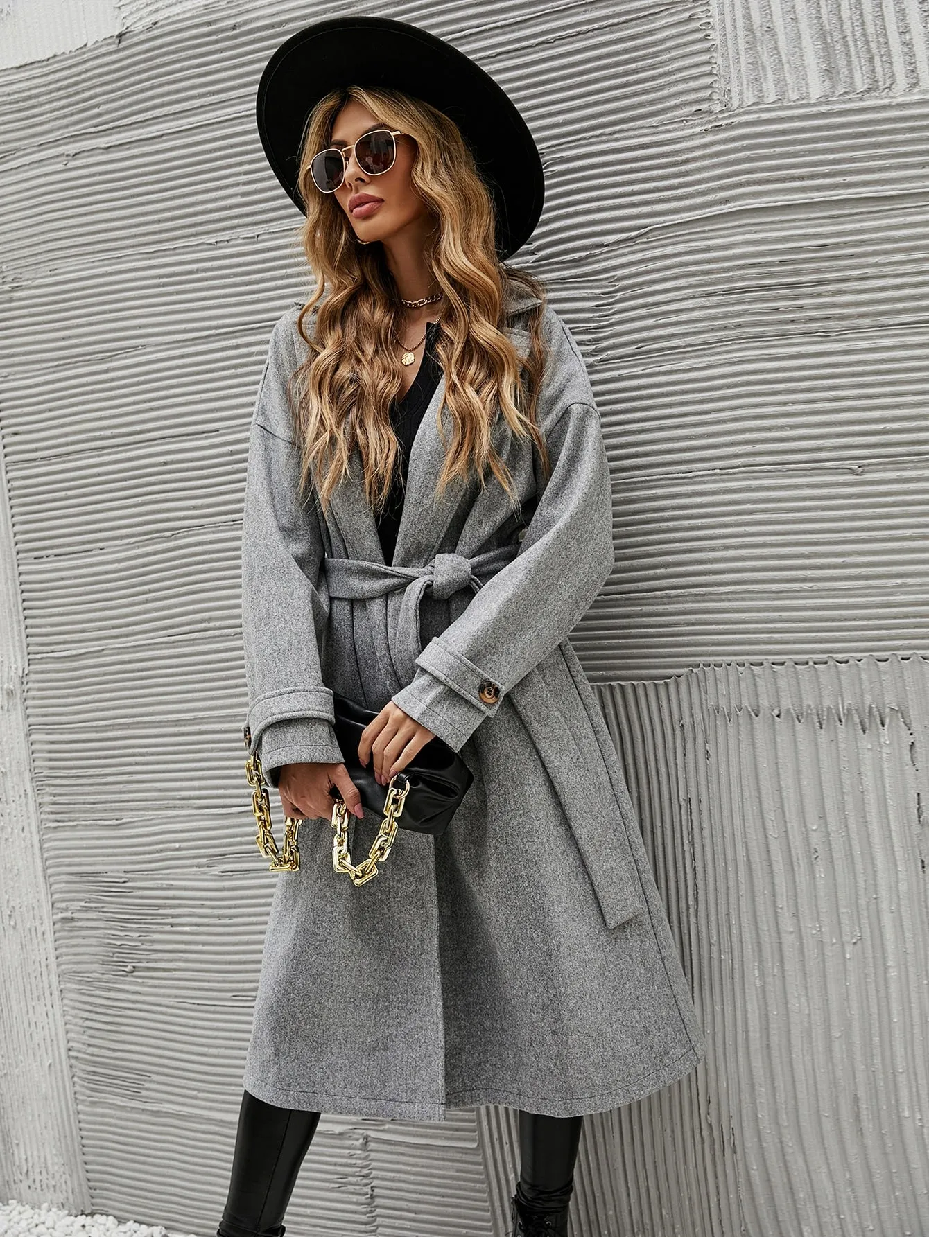 Plain Belted Long Sleeve Lapel Long Women Overcoat