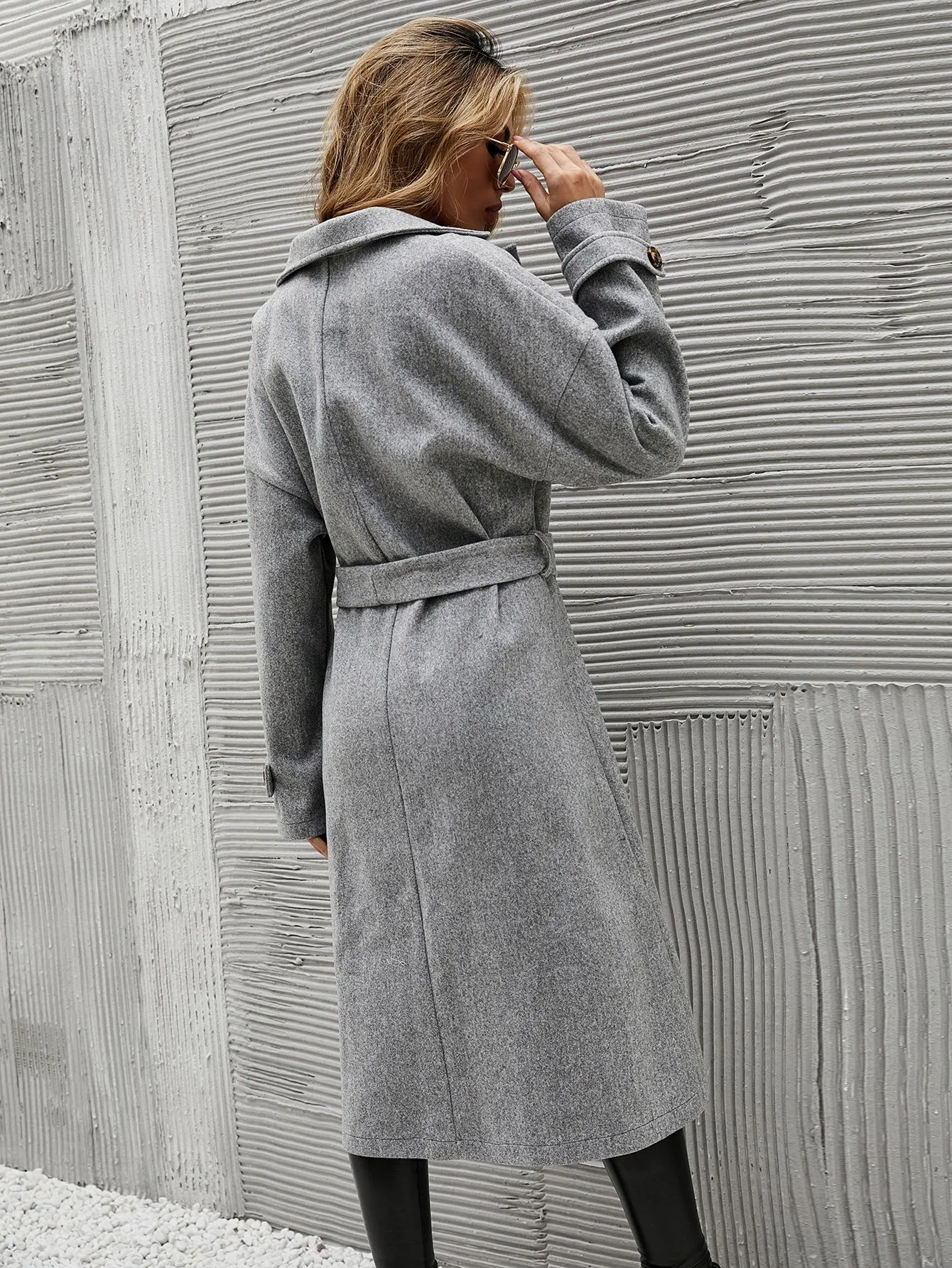 Plain Belted Long Sleeve Lapel Long Women Overcoat