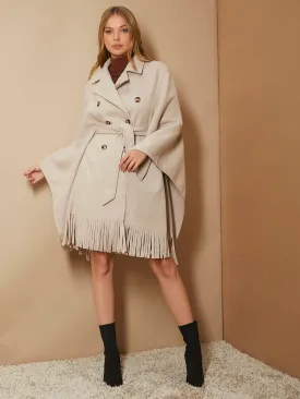 Plain Belted Long Sleeve Lapel Women Overcoat