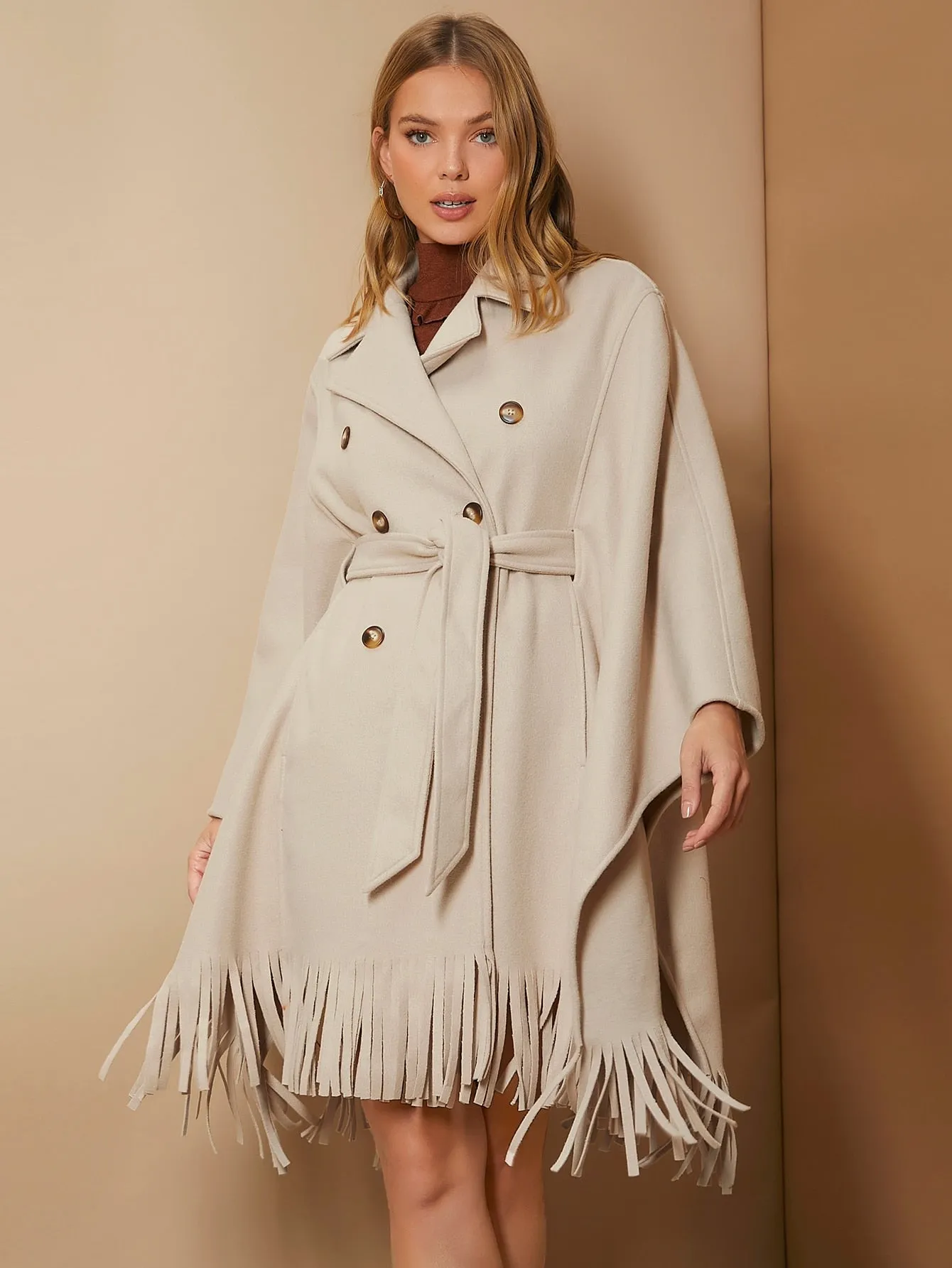 Plain Belted Long Sleeve Lapel Women Overcoat