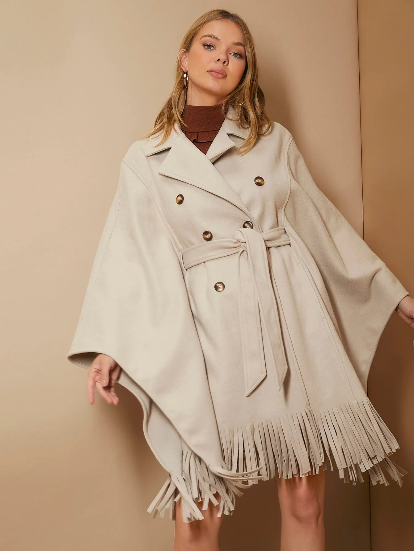 Plain Belted Long Sleeve Lapel Women Overcoat