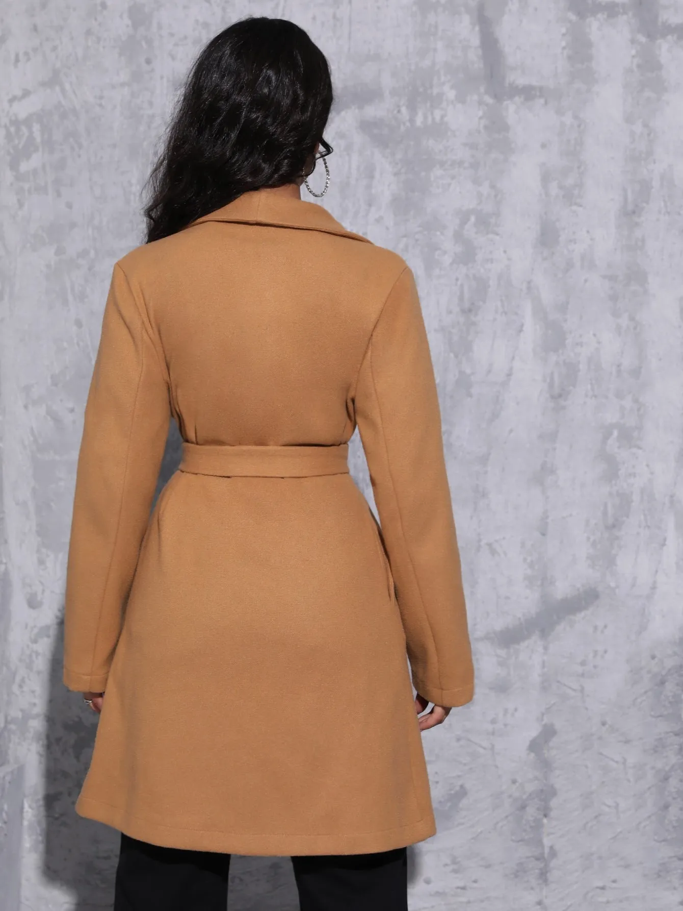 Plain Belted Long Sleeve Waterfall Midi Women Overcoat