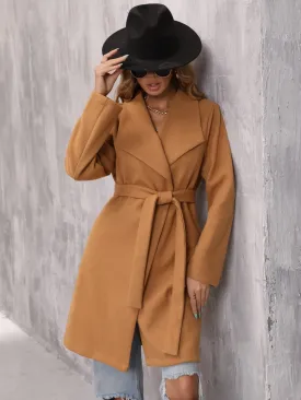 Plain Belted Long Sleeve Waterfall Midi Women Overcoat