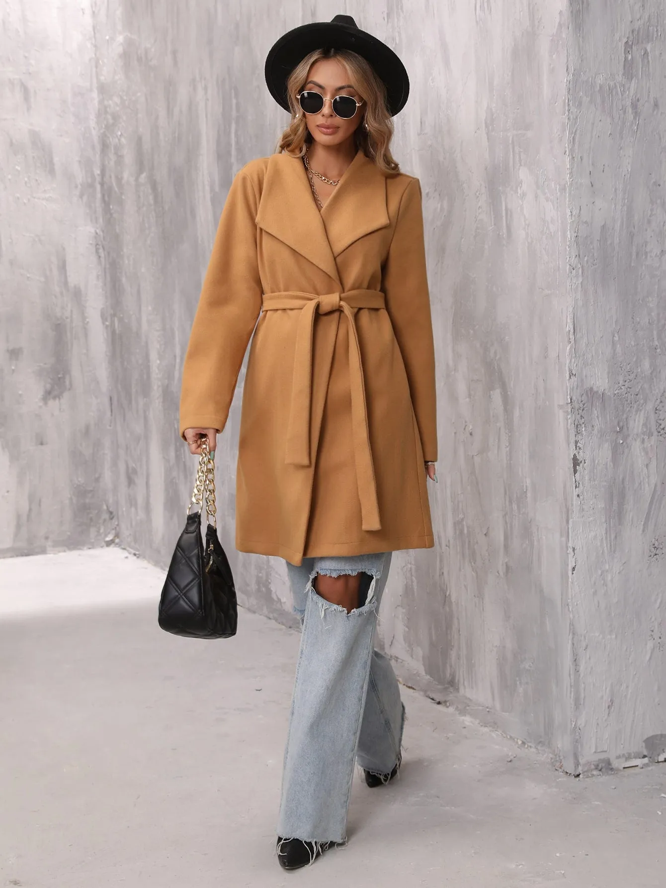 Plain Belted Long Sleeve Waterfall Midi Women Overcoat