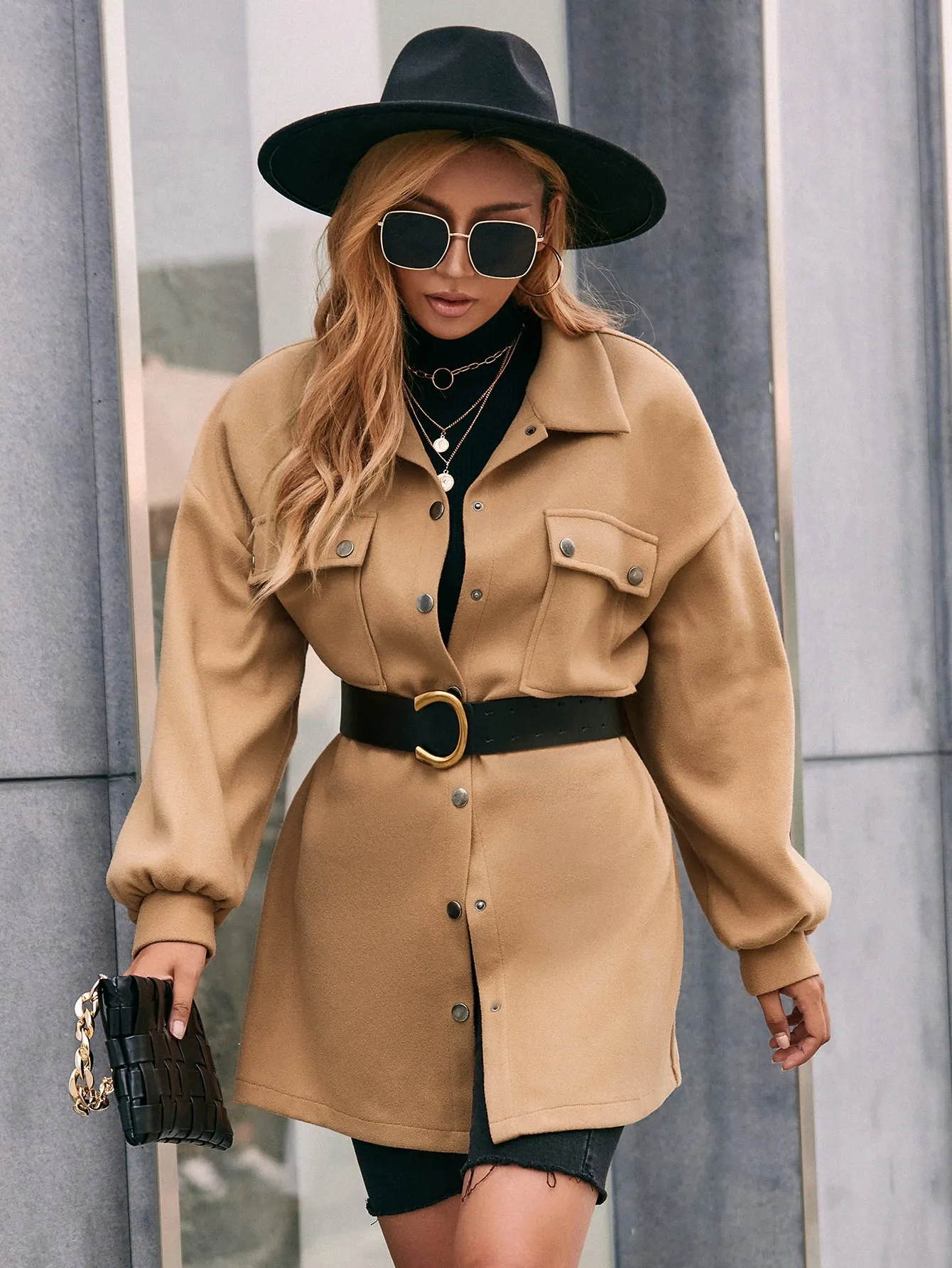 Plain Button Front Long Sleeve Collar Short Women Overcoat