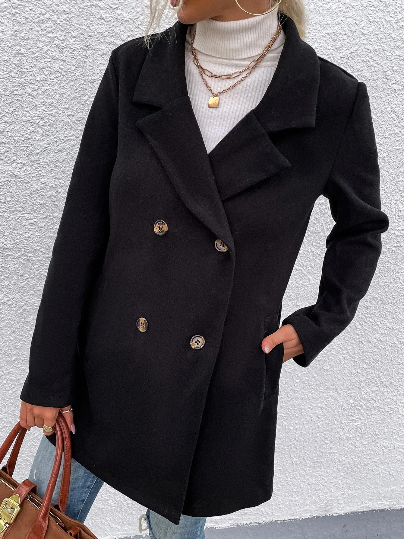 Plain Pocket Long Sleeve Lapel Short Women Overcoat