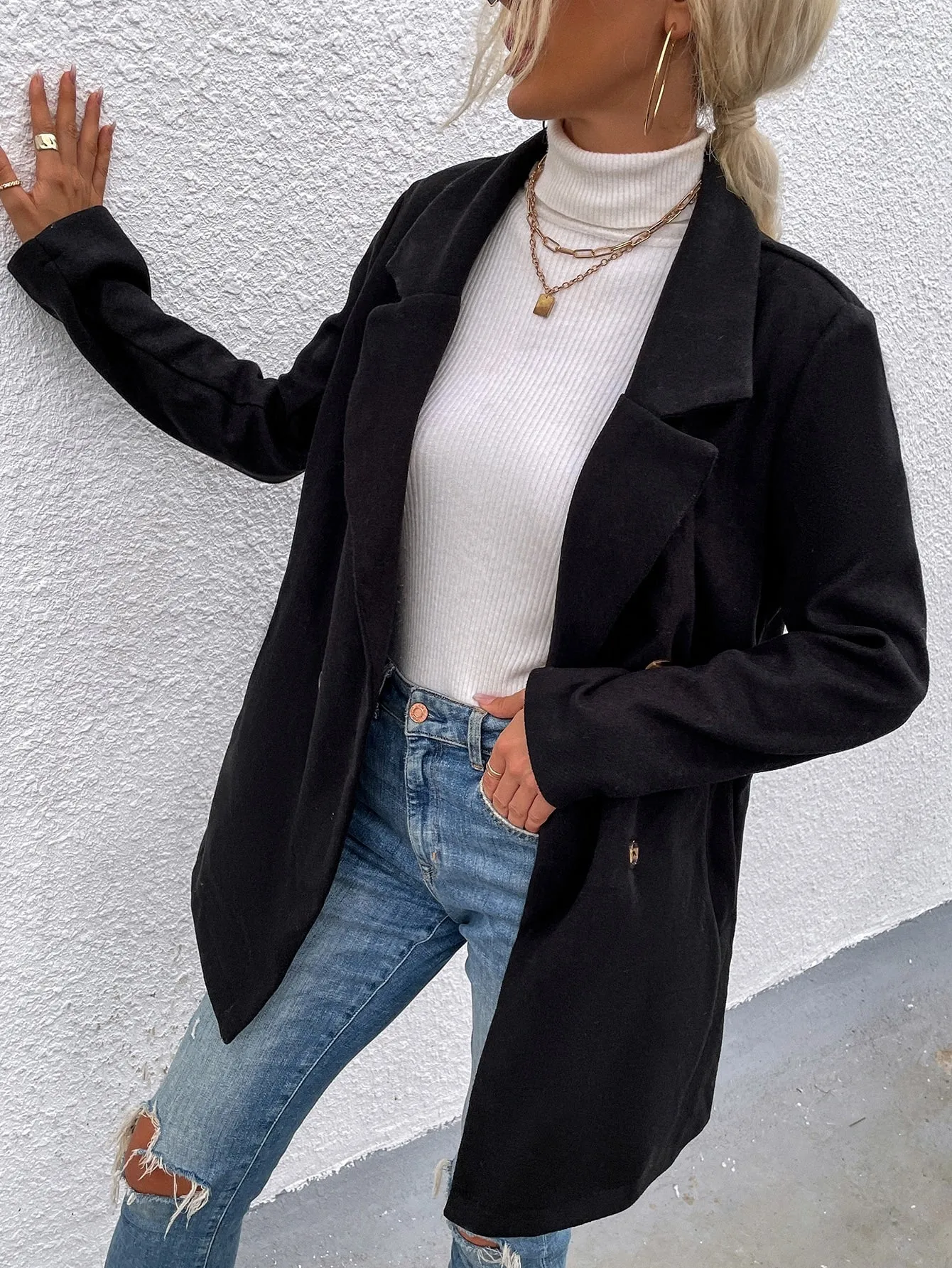 Plain Pocket Long Sleeve Lapel Short Women Overcoat