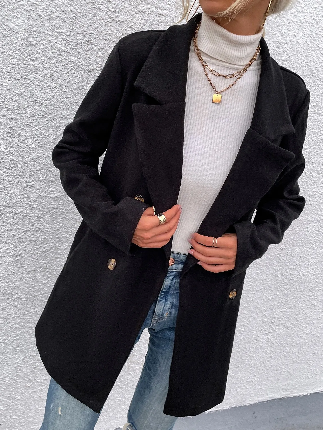 Plain Pocket Long Sleeve Lapel Short Women Overcoat