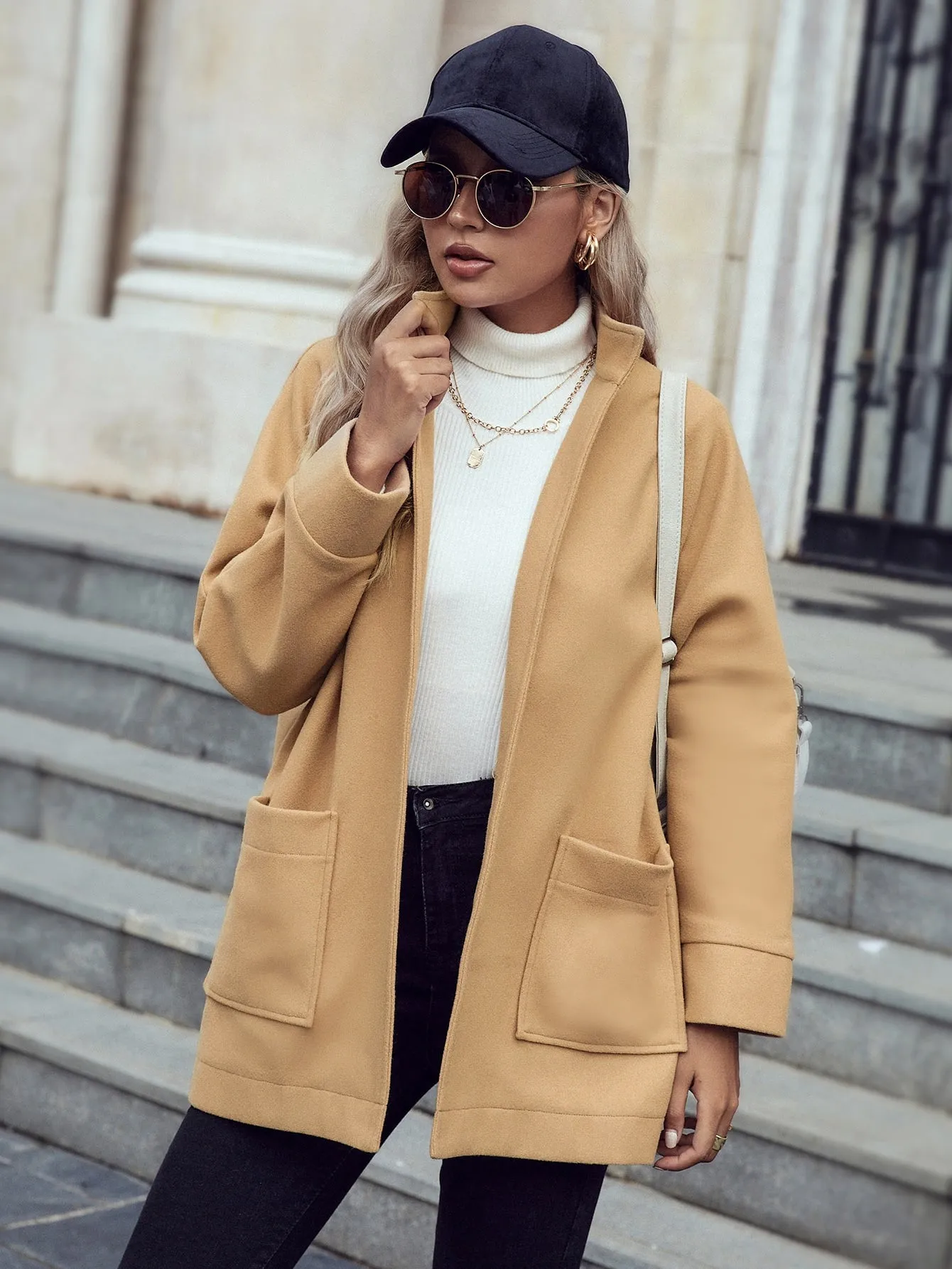 Plain Pocket Long Sleeve Stand Collar Short Women Overcoat