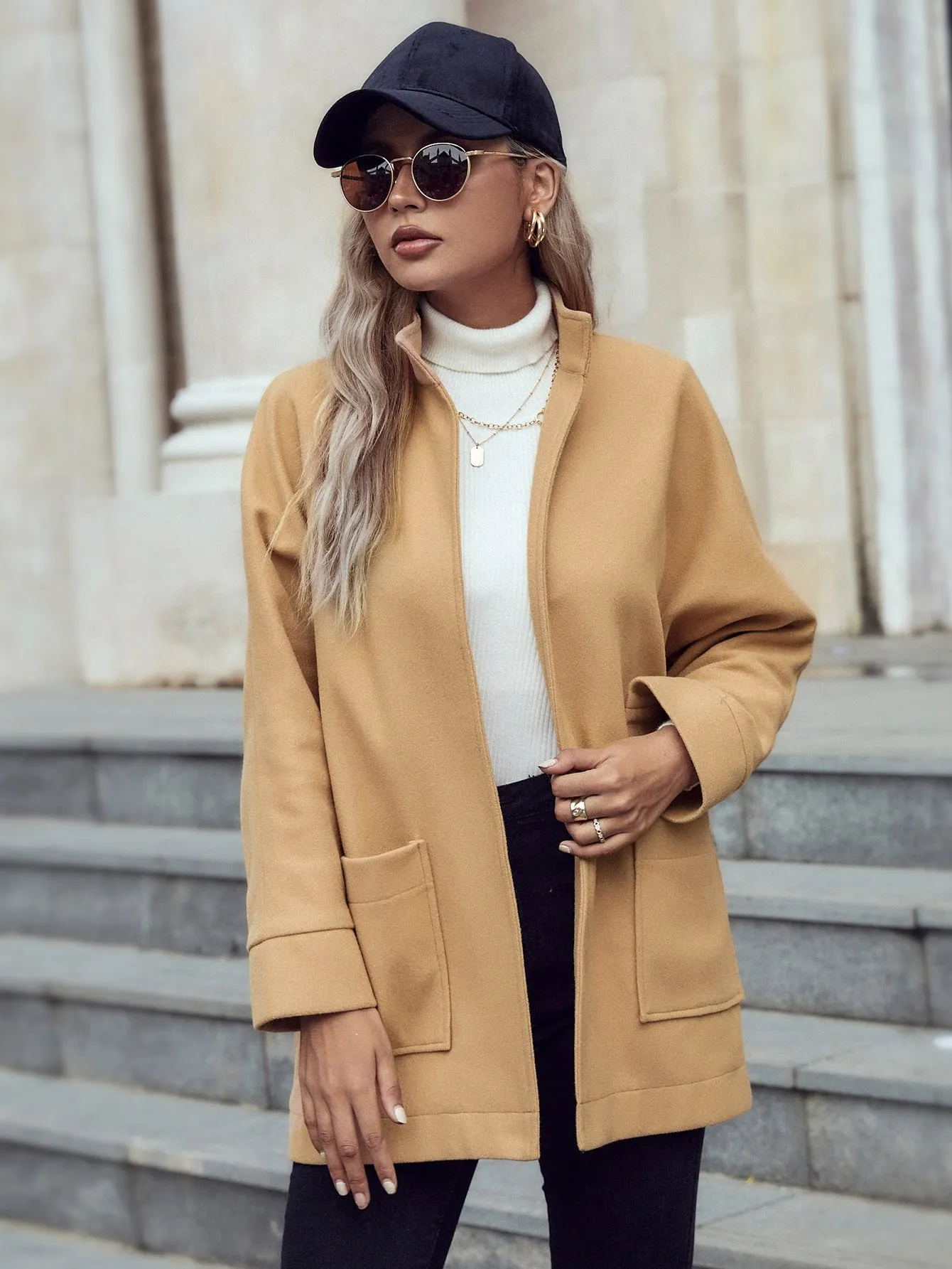 Plain Pocket Long Sleeve Stand Collar Short Women Overcoat