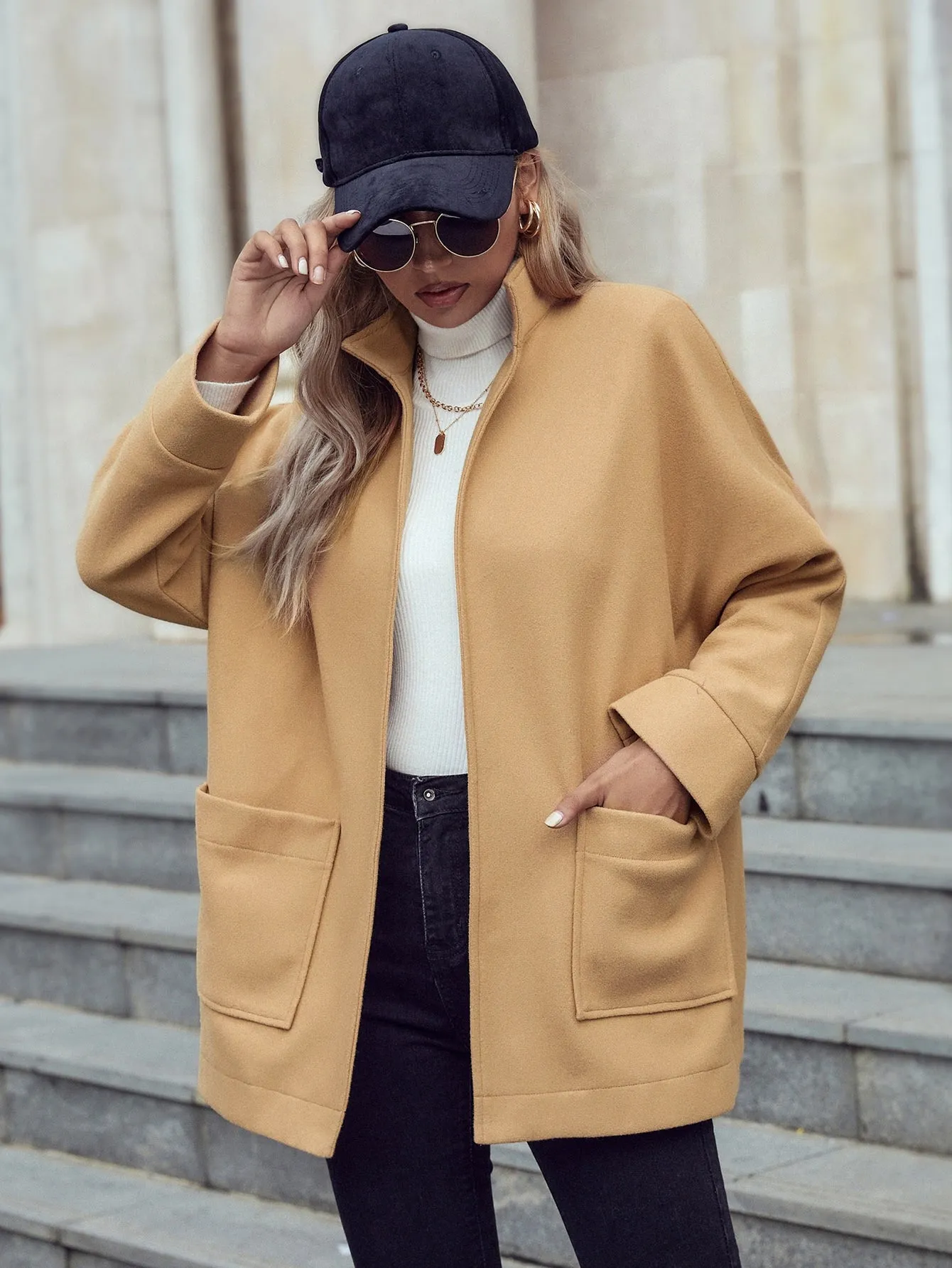 Plain Pocket Long Sleeve Stand Collar Short Women Overcoat