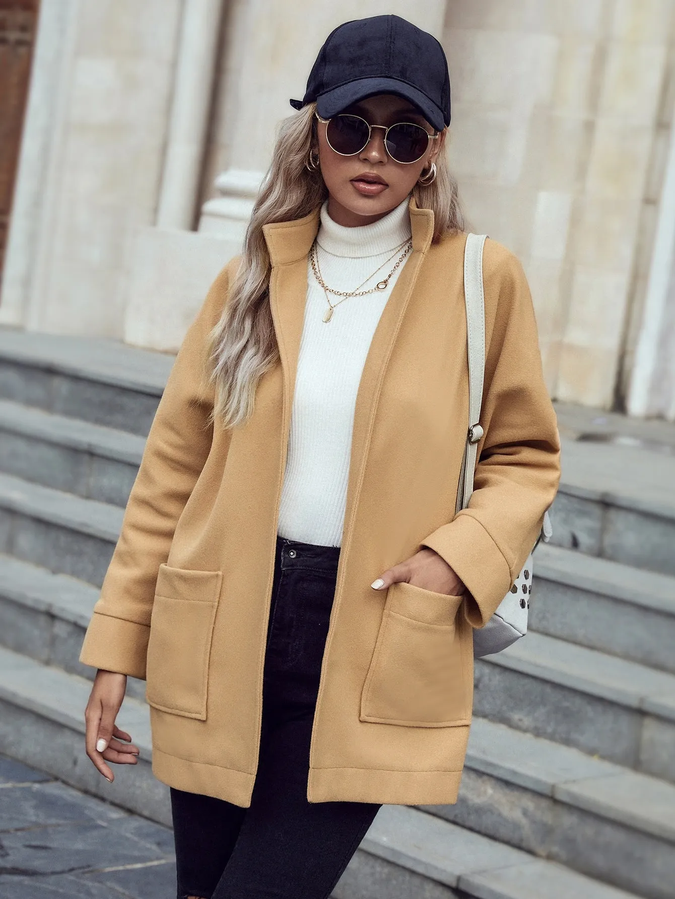 Plain Pocket Long Sleeve Stand Collar Short Women Overcoat