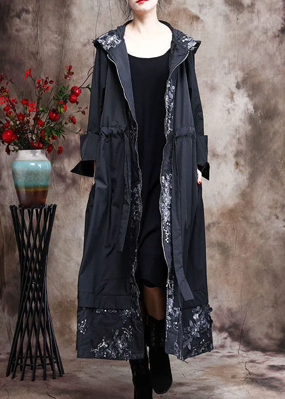 Plus Size Black Hooded Patchwork Spring trench coats