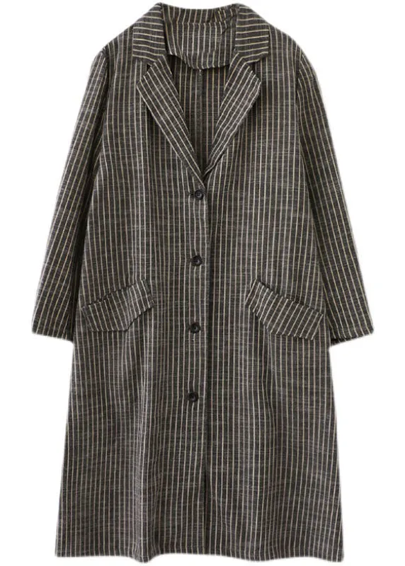 Plus Size Khaki PeterPan Collar Button Pockets Striped Fall Long sleeve Trench coats